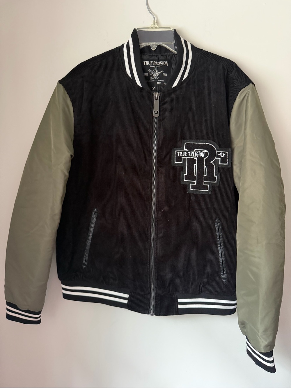 True Religion True Varsity Bomber Jacket Mens L Black Corduroy Olive Sleeves EUC